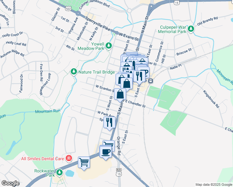 map of restaurants, bars, coffee shops, grocery stores, and more near 117 West Scanlon Street in Culpeper