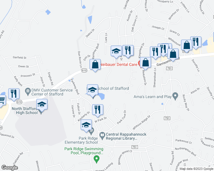 map of restaurants, bars, coffee shops, grocery stores, and more near 41 Meadowood Drive in Stafford