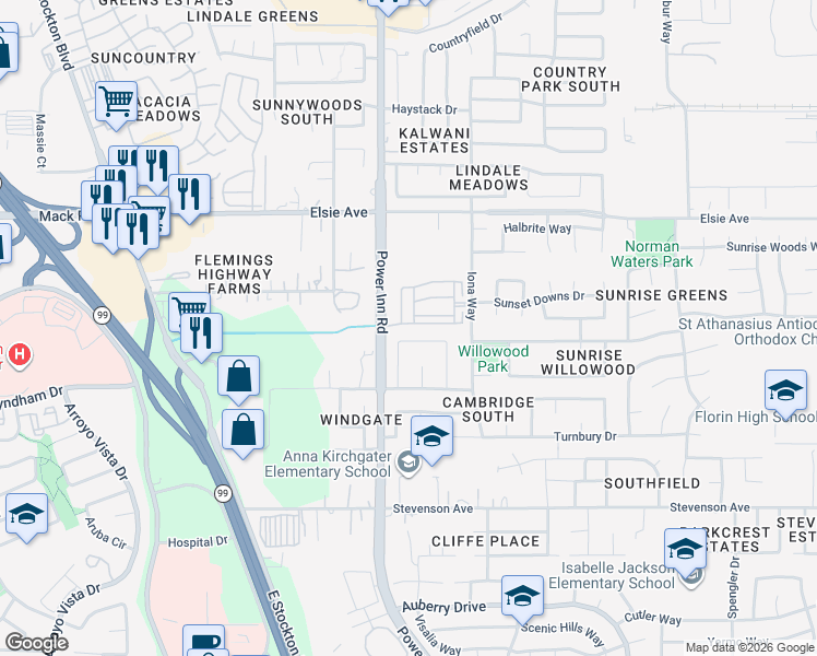 map of restaurants, bars, coffee shops, grocery stores, and more near 8112 Creeping Willow Lane in Sacramento