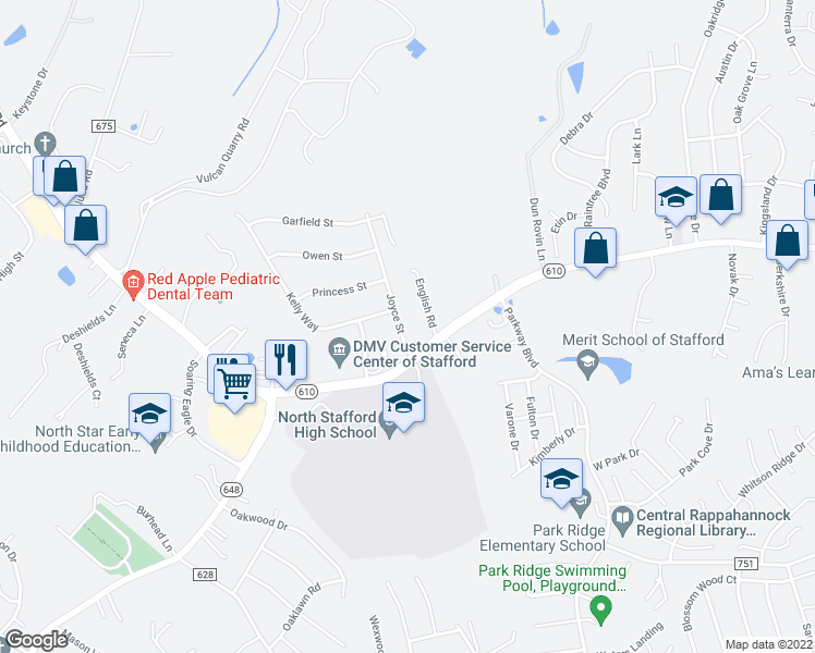 map of restaurants, bars, coffee shops, grocery stores, and more near 6 Joyce Street in Stafford
