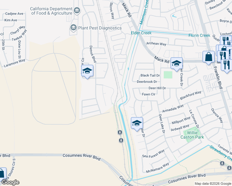 map of restaurants, bars, coffee shops, grocery stores, and more near 7895 Ann Arbor Way in Sacramento