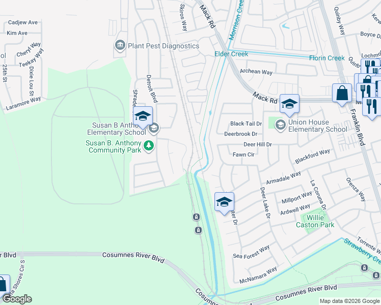 map of restaurants, bars, coffee shops, grocery stores, and more near 7895 Ann Arbor Way in Sacramento
