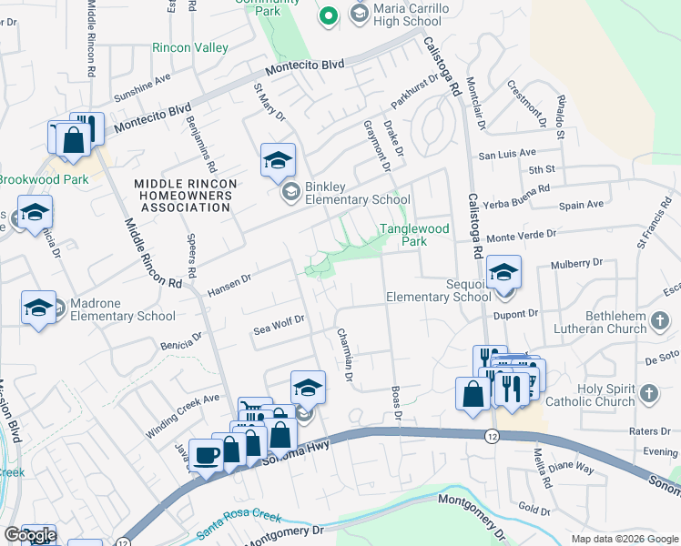map of restaurants, bars, coffee shops, grocery stores, and more near 326 Algiers Court in Santa Rosa