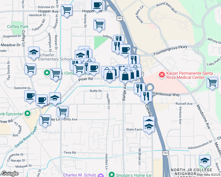 map of restaurants, bars, coffee shops, grocery stores, and more near 3037 Mono Drive in Santa Rosa