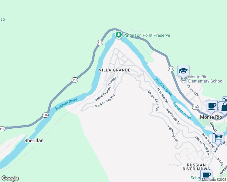 map of restaurants, bars, coffee shops, grocery stores, and more near 21878 Monte Vista Terrace in Monte Rio