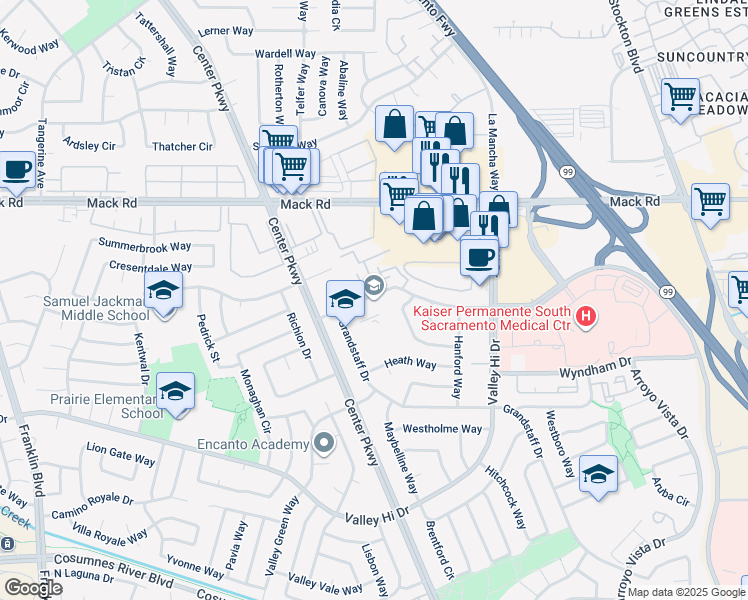 map of restaurants, bars, coffee shops, grocery stores, and more near 5900 Bamford Drive in Sacramento