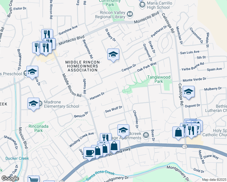 map of restaurants, bars, coffee shops, grocery stores, and more near 4954 Hansen Drive in Santa Rosa