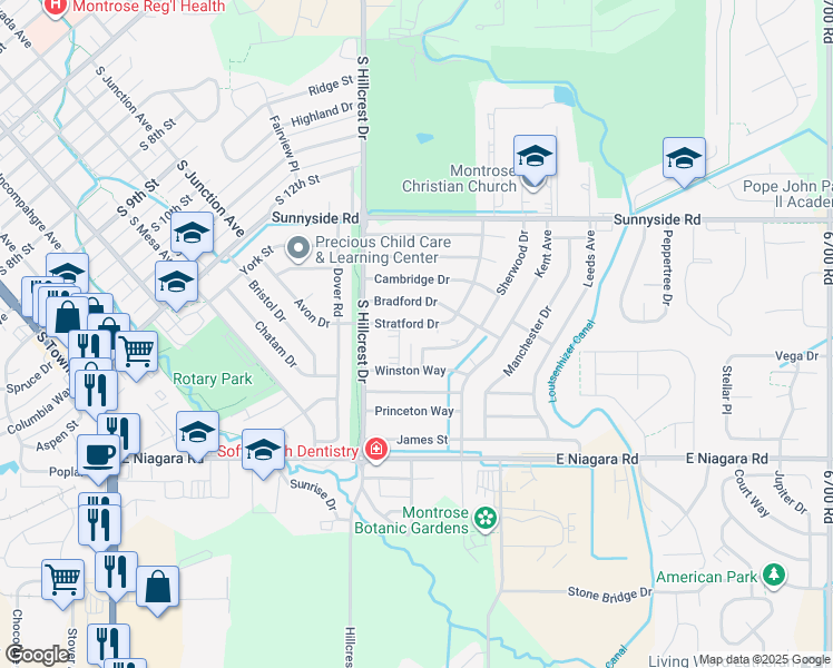 map of restaurants, bars, coffee shops, grocery stores, and more near 2116 Hartford Way in Montrose