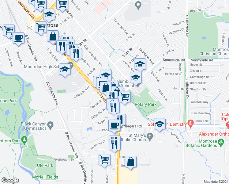 map of restaurants, bars, coffee shops, grocery stores, and more near 407 South 12th Street in Montrose