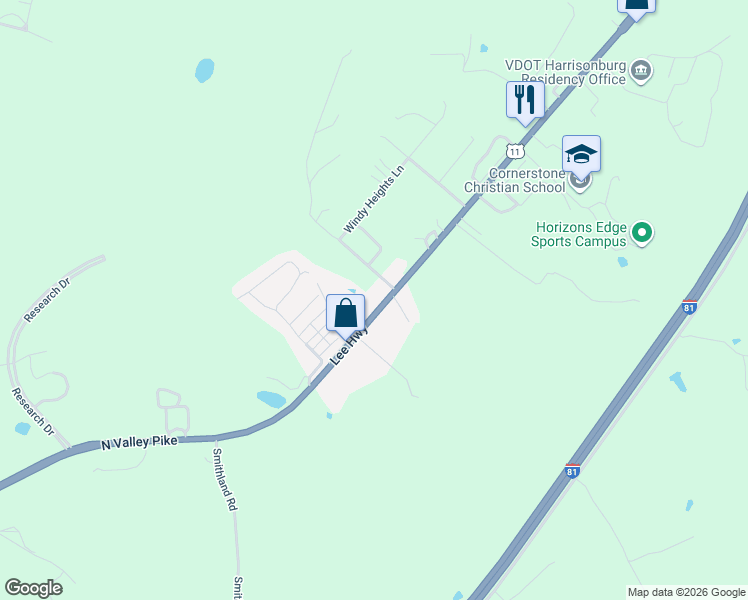 map of restaurants, bars, coffee shops, grocery stores, and more near 2772 N Valley Pike in Harrisonburg