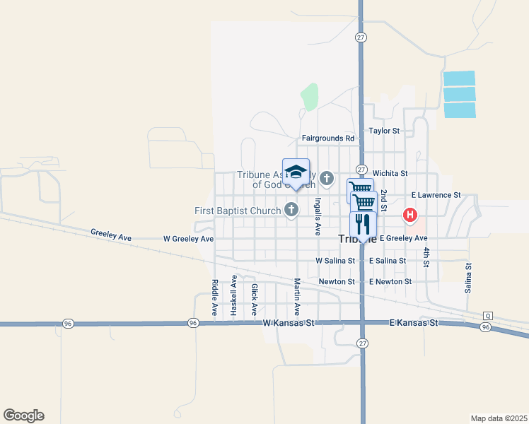 map of restaurants, bars, coffee shops, grocery stores, and more near 550 West Harper Street in Tribune