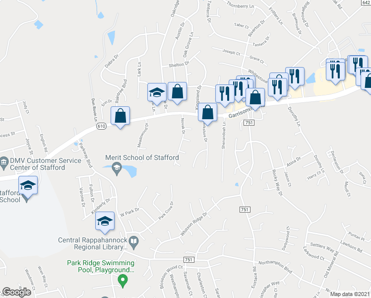 map of restaurants, bars, coffee shops, grocery stores, and more near 1 David Court in Stafford