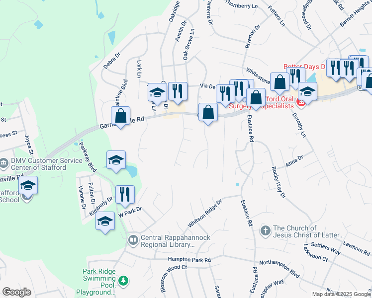 map of restaurants, bars, coffee shops, grocery stores, and more near 1 David Court in Stafford