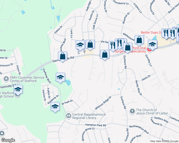 map of restaurants, bars, coffee shops, grocery stores, and more near 20 Novak Drive in Stafford