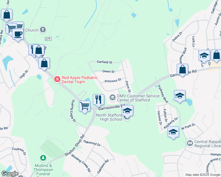 map of restaurants, bars, coffee shops, grocery stores, and more near 18 Kelly Way in Stafford