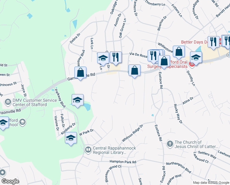 map of restaurants, bars, coffee shops, grocery stores, and more near 20 Novak Drive in Stafford