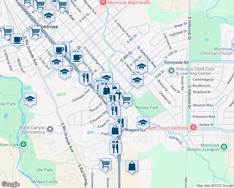 map of restaurants, bars, coffee shops, grocery stores, and more near 407 South 12th Street in Montrose