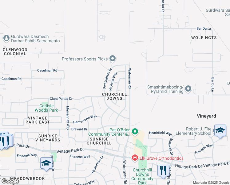 map of restaurants, bars, coffee shops, grocery stores, and more near 7901 Neyland Way in Sacramento