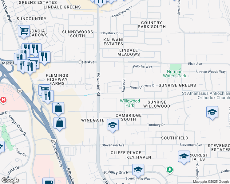 map of restaurants, bars, coffee shops, grocery stores, and more near 7861 Roesboro Circle in Sacramento