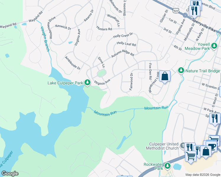 map of restaurants, bars, coffee shops, grocery stores, and more near 988 Lake Pelham Drive in Culpeper