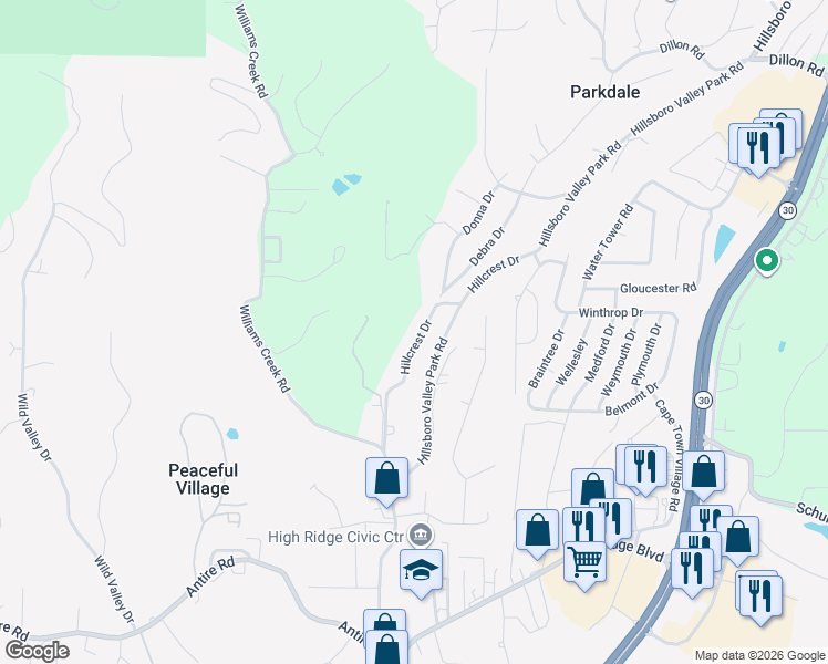 map of restaurants, bars, coffee shops, grocery stores, and more near 2524 Hillcrest Drive in High Ridge