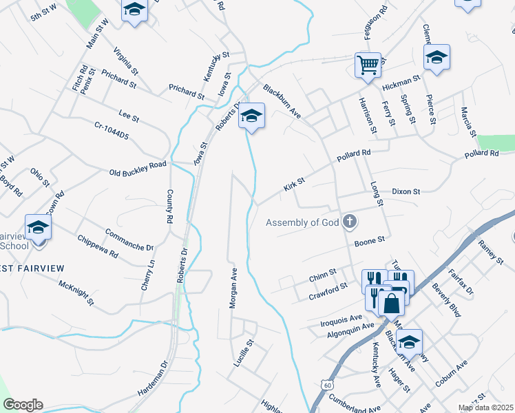 map of restaurants, bars, coffee shops, grocery stores, and more near 401 Lewis Avenue in Ashland