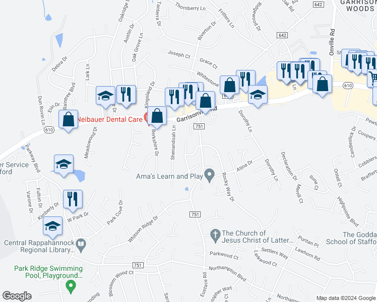 map of restaurants, bars, coffee shops, grocery stores, and more near 502 Cabin Court in Stafford
