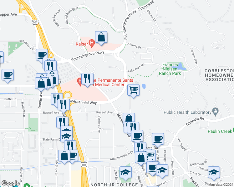 map of restaurants, bars, coffee shops, grocery stores, and more near 3340 Mendocino Avenue in Santa Rosa