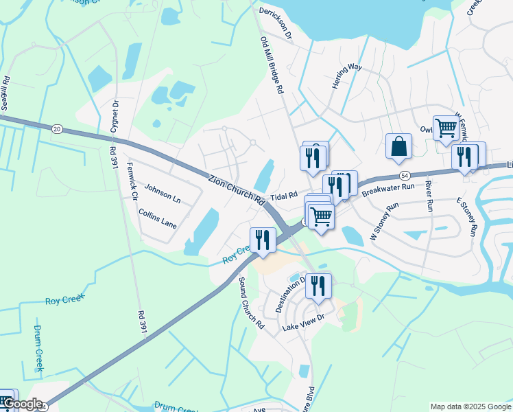 map of restaurants, bars, coffee shops, grocery stores, and more near 36344 Leyland Lane in Selbyville