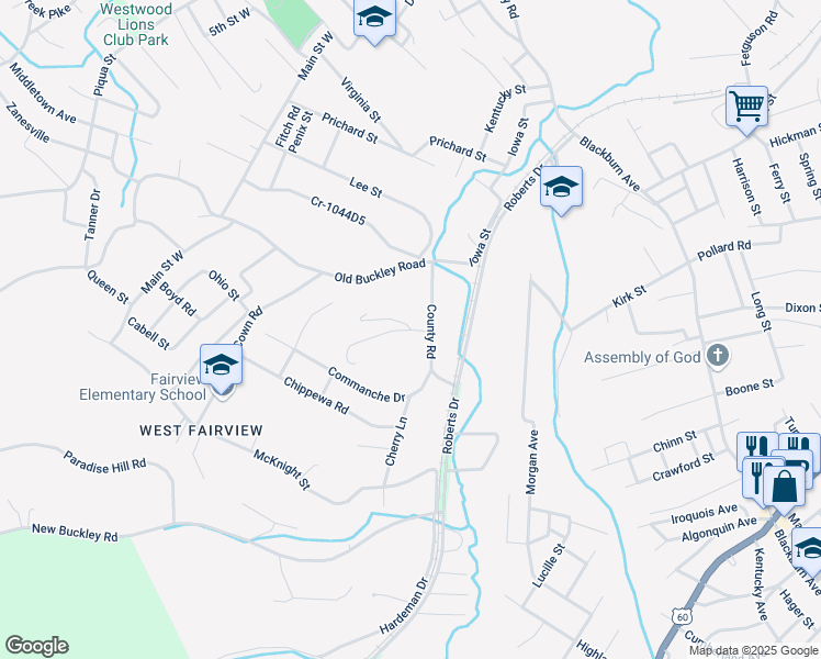 map of restaurants, bars, coffee shops, grocery stores, and more near 300 Mary Ellen Drive in Ashland