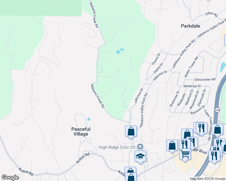 map of restaurants, bars, coffee shops, grocery stores, and more near 2604 Williams Creek Road in High Ridge