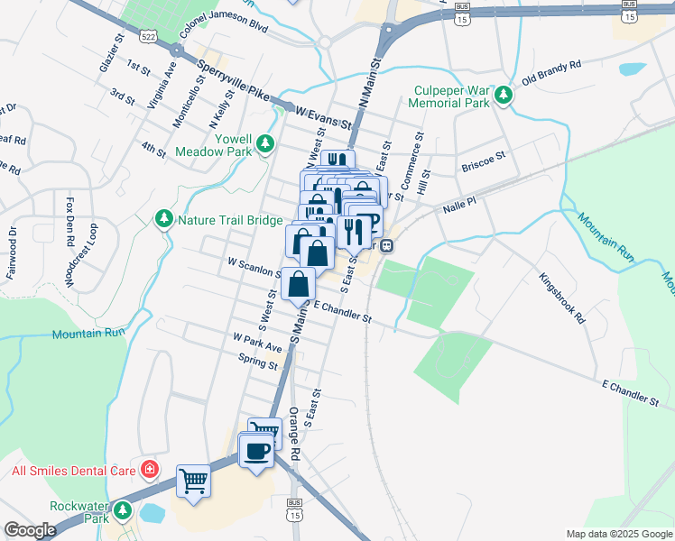 map of restaurants, bars, coffee shops, grocery stores, and more near 122 East Stevens Street in Culpeper