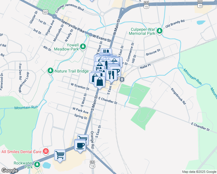 map of restaurants, bars, coffee shops, grocery stores, and more near 314 South East Street in Culpeper