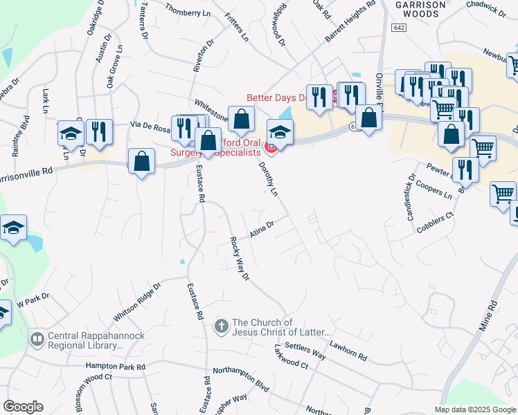 map of restaurants, bars, coffee shops, grocery stores, and more near 11 Emerson Court in Stafford