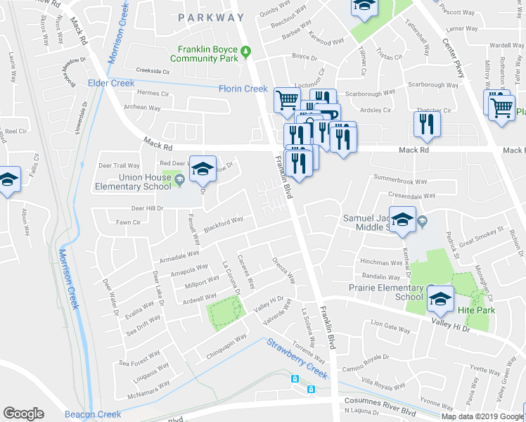 map of restaurants, bars, coffee shops, grocery stores, and more near 4528 Cardona Lane in Sacramento