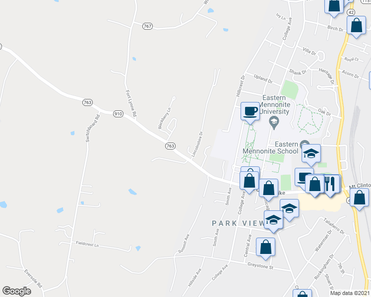 map of restaurants, bars, coffee shops, grocery stores, and more near 1115 Lincolnshire Drive in Harrisonburg