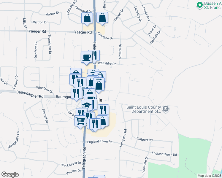 map of restaurants, bars, coffee shops, grocery stores, and more near 5539 Remington Villas Court in St. Louis