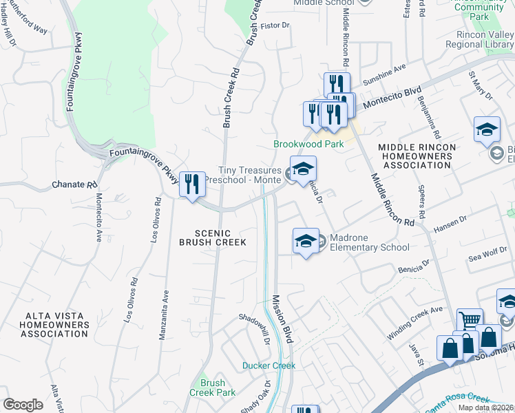 map of restaurants, bars, coffee shops, grocery stores, and more near 2250 Rivera Drive in Santa Rosa
