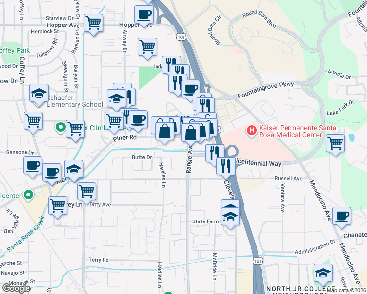 map of restaurants, bars, coffee shops, grocery stores, and more near 810 Piner Road in Santa Rosa