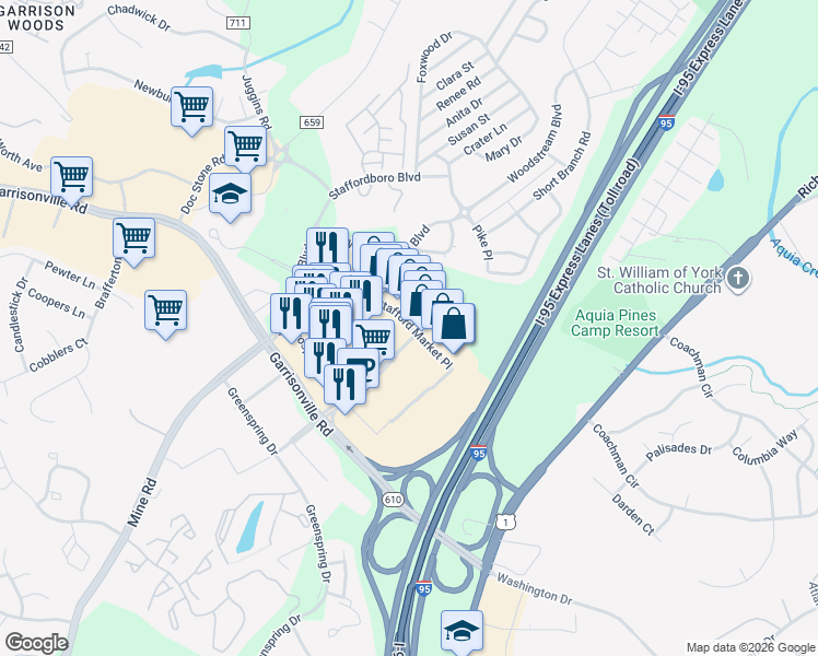 map of restaurants, bars, coffee shops, grocery stores, and more near 1220 Stafford Market Place in Stafford