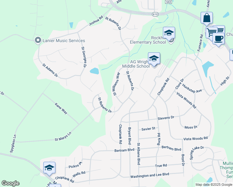 map of restaurants, bars, coffee shops, grocery stores, and more near 41 Saint Williams Way in Stafford