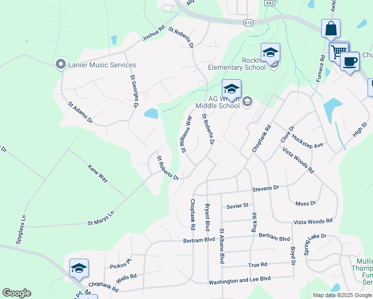 map of restaurants, bars, coffee shops, grocery stores, and more near 41 Saint Williams Way in Stafford