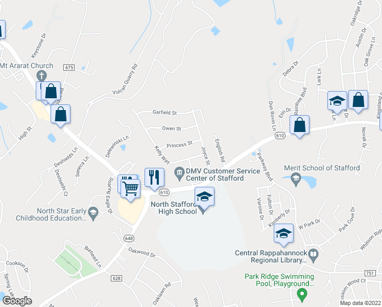 map of restaurants, bars, coffee shops, grocery stores, and more near 8 Kelly Way in Stafford