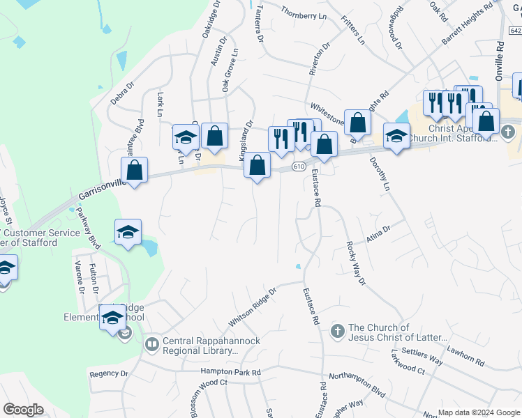 map of restaurants, bars, coffee shops, grocery stores, and more near 57 Berkshire Drive in Stafford