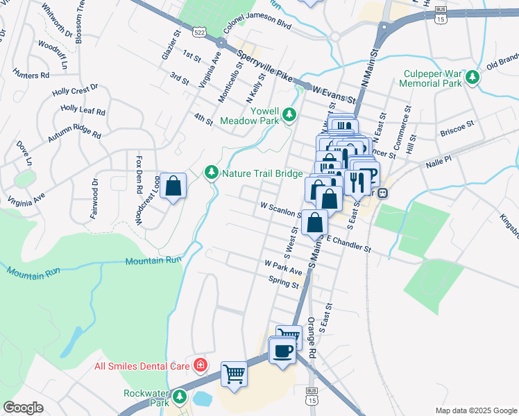 map of restaurants, bars, coffee shops, grocery stores, and more near 503 Macoy Avenue in Culpeper