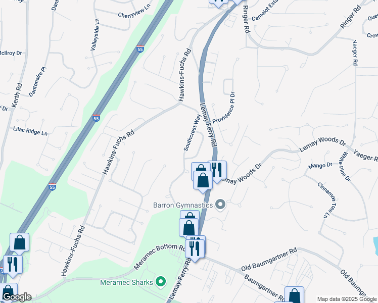 map of restaurants, bars, coffee shops, grocery stores, and more near 5952 South Crest Way in St. Louis
