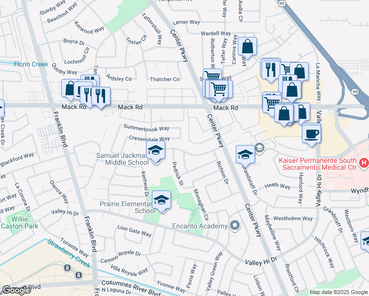 map of restaurants, bars, coffee shops, grocery stores, and more near 5385 Bamford Drive in Sacramento