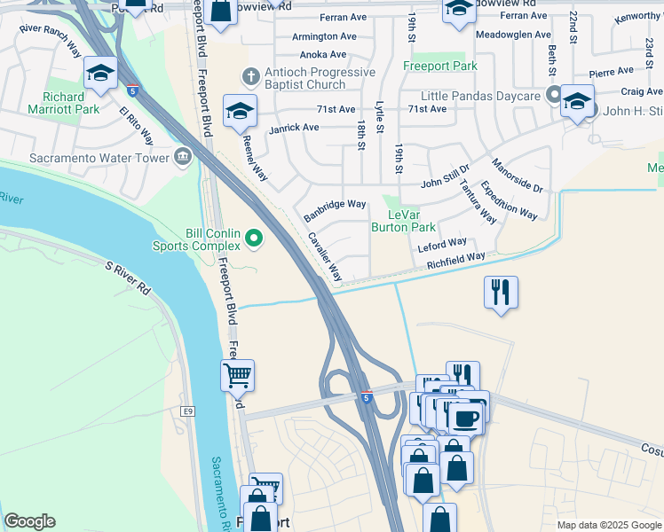 map of restaurants, bars, coffee shops, grocery stores, and more near Cavalier Way & Redbridge Way in Sacramento