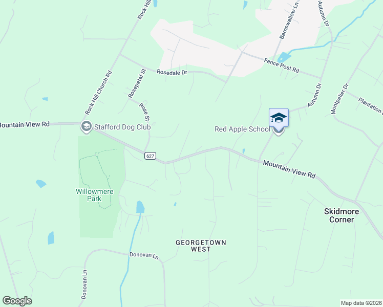 map of restaurants, bars, coffee shops, grocery stores, and more near 2804 Mountain View Road in Stafford