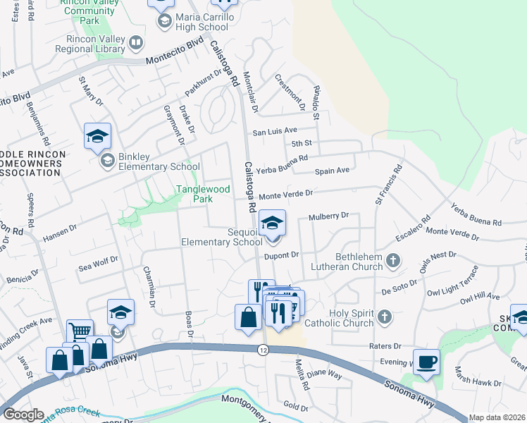 map of restaurants, bars, coffee shops, grocery stores, and more near 5220 Monte Verde Drive in Santa Rosa